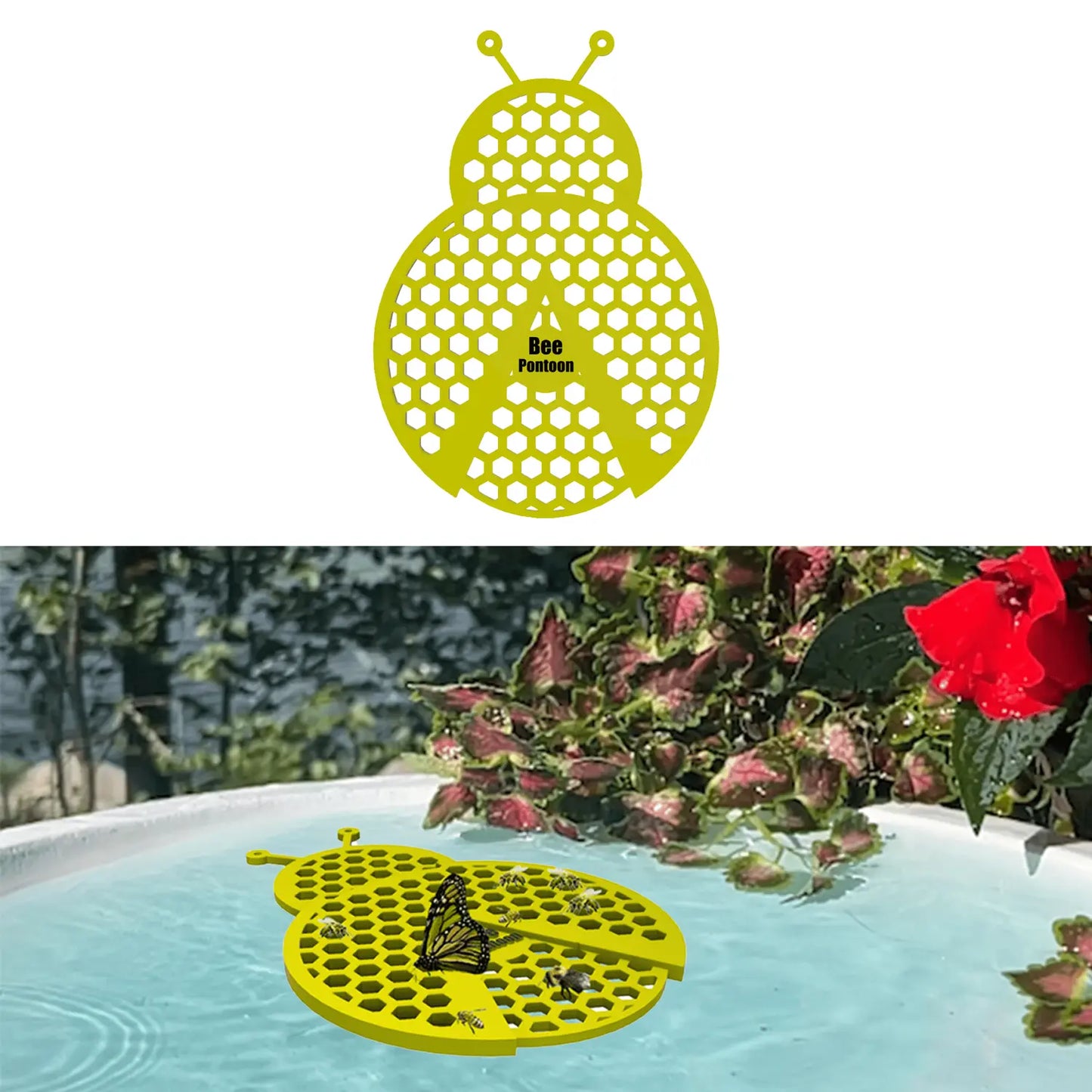 Yellow ladybug-shaped bee pontoon with a real butterfly on the bee watering station edge.