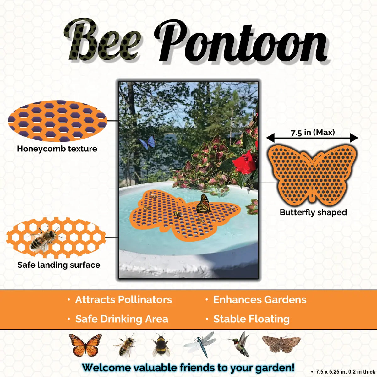 Orange bee pontoon product with honeycomb texture, butterfly shape, and safe landing surface features.