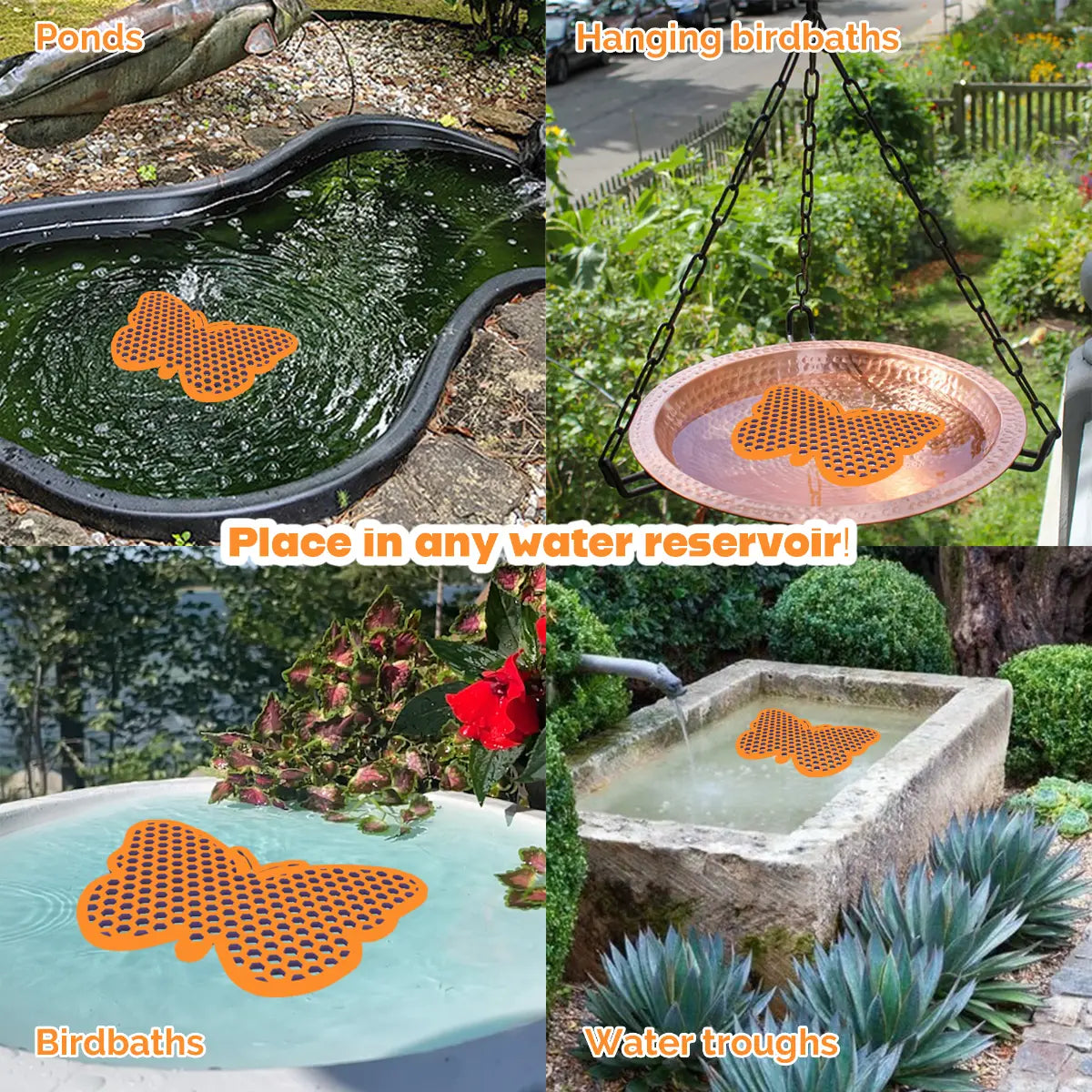 The artwork features a collage of various water reservoirs, each containing an orange butterfly-shaped bee watering station, along with text labels.