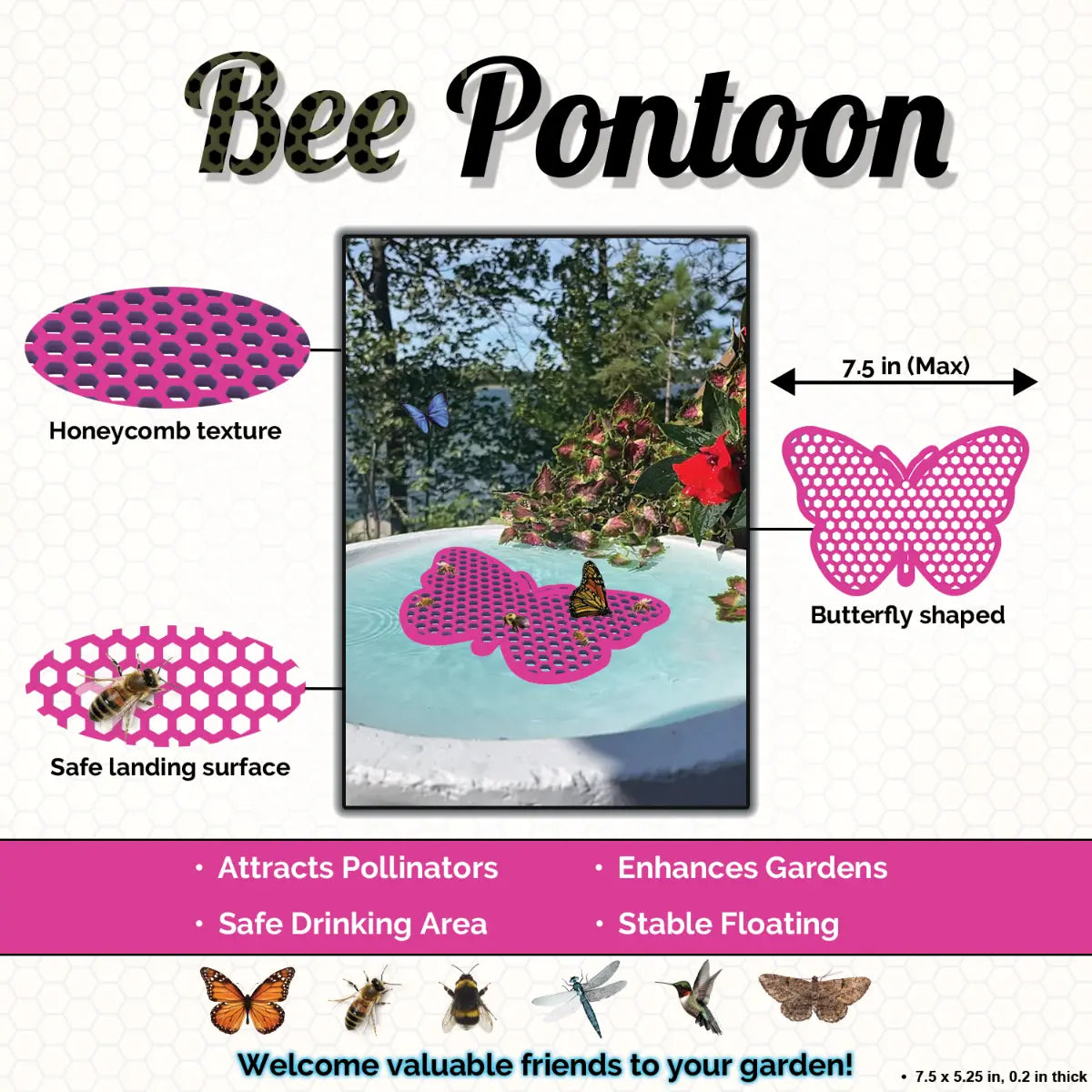 A pink Bee Pontoon product with honeycomb texture, butterfly shape, and safe landing surface on a white background.
