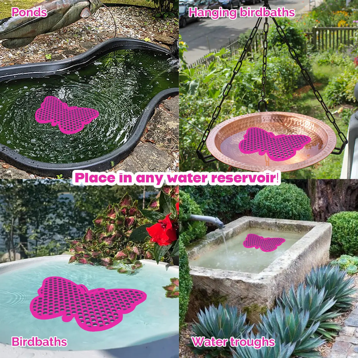 The artwork features a collage of various water reservoirs, each containing a pink butterfly-shaped bee watering station, along with text labels.