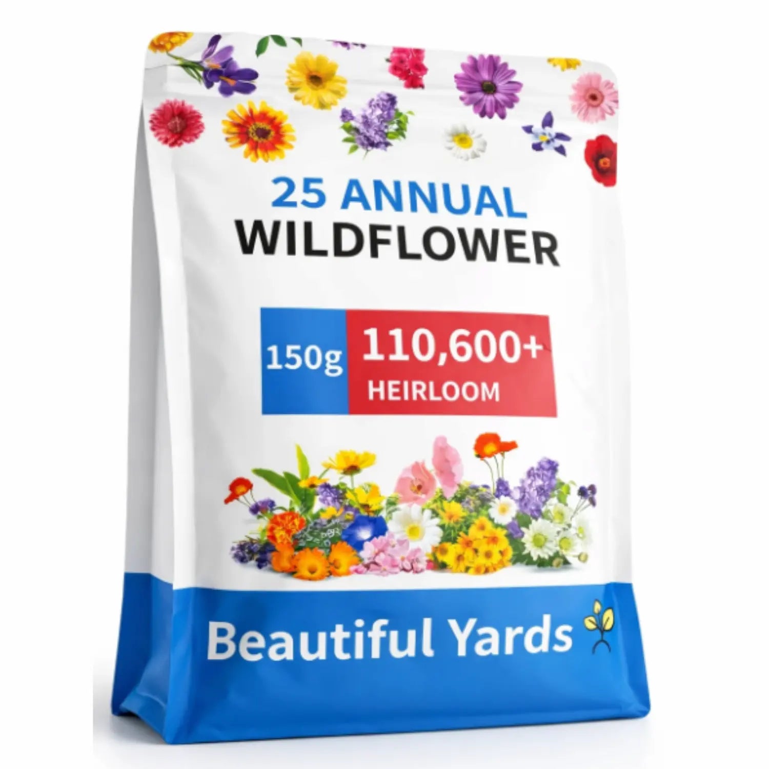 Bag of 25 annual wildflower seeds with colorful flowers on a white background