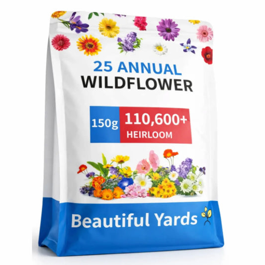 Bag of 25 annual wildflower seeds with colorful flowers on a white background