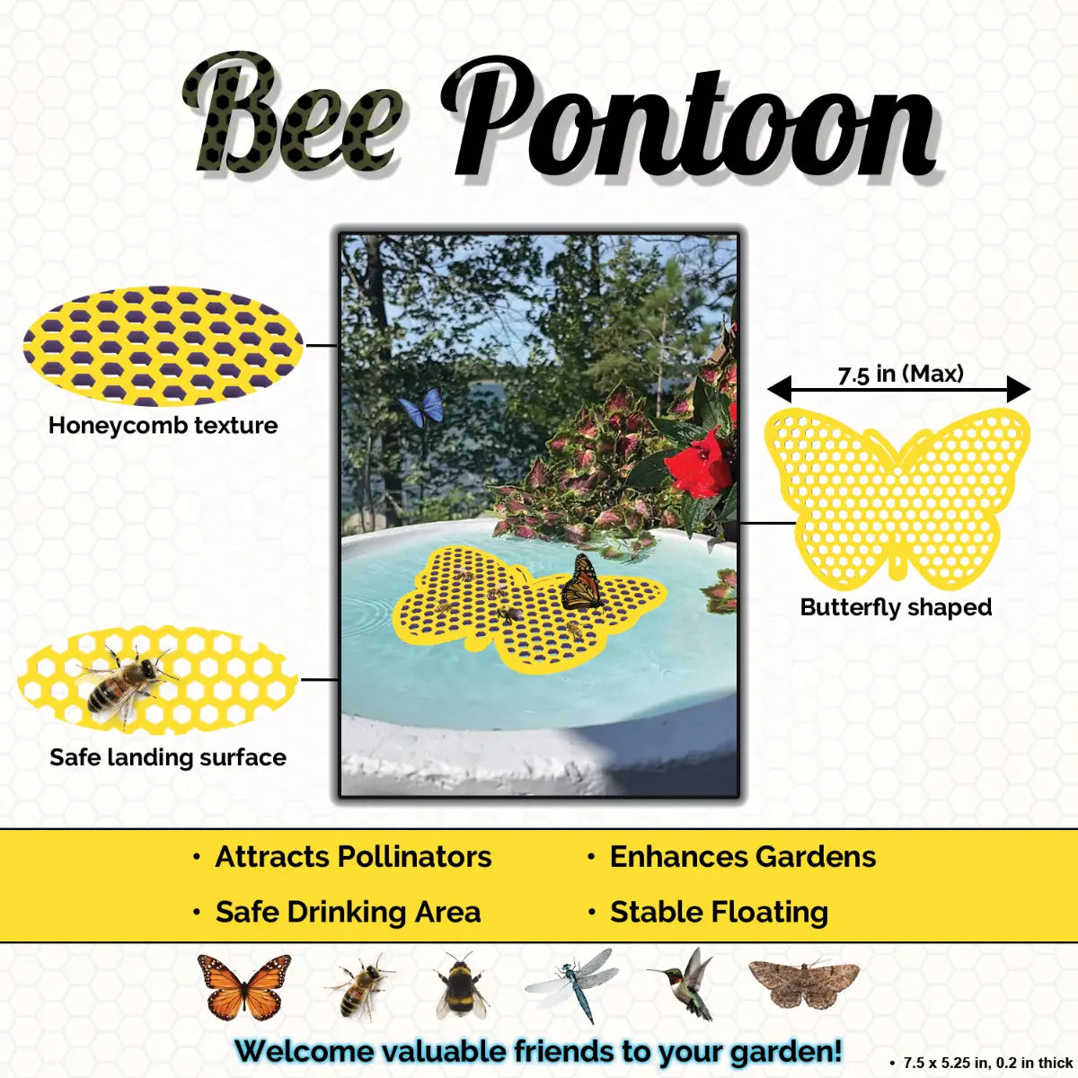 The Yellow Bee Pontoon product features a honeycomb texture, a butterfly shape, and text highlighting features.