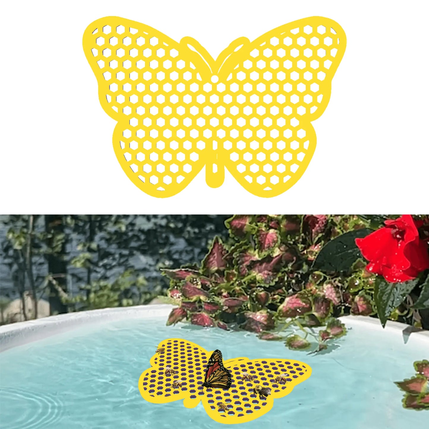Yellow butterfly-shaped bee pontoon with a real butterfly on the bee watering station edge.