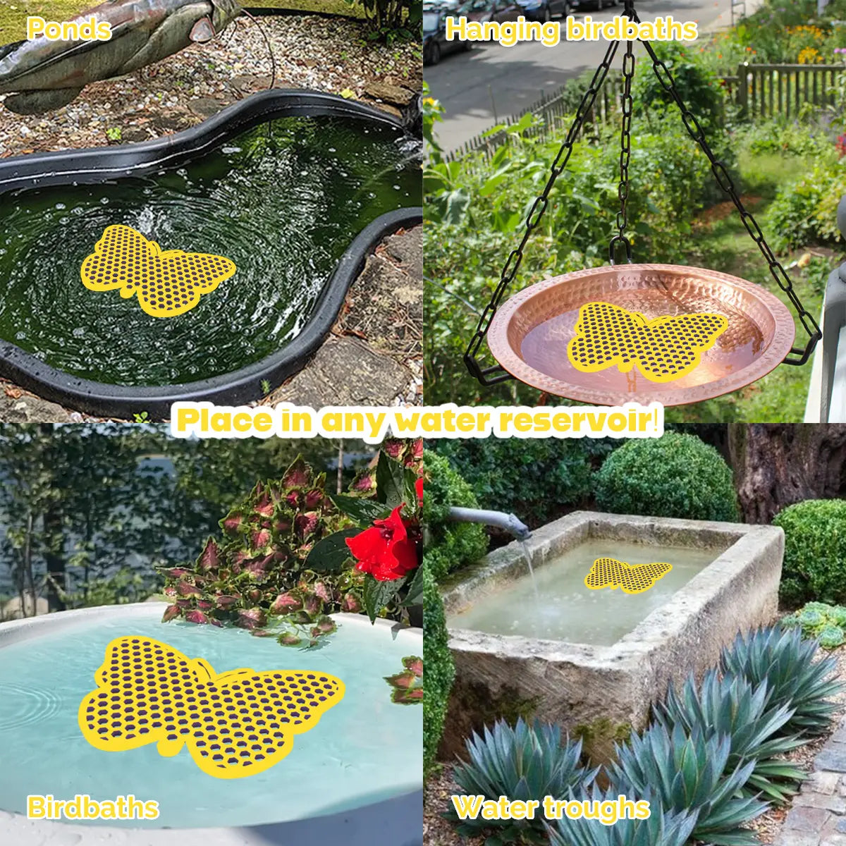 The artwork features a collage of various water reservoirs, each containing a yellow butterfly-shaped bee watering station, along with text labels.