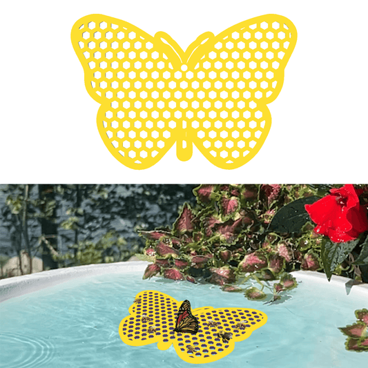 Yellow butterfly-shaped bee watering station (bee pontoon) in a birdbath against flower background